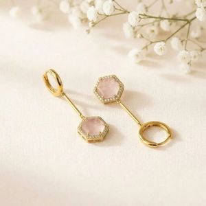 Natural Rose Quartz Cubic Zirconia Hexagon Drop <b>Earrings</b> in 925 Sterling <b>Silver</b> or 18K Gold Filled Elegant Gemstone <b>Dangle</b> Jewel - Product Image 5