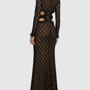 Vestido de Noche Largo Negro de Encaje Personalizado con Mangas Largas, Vestido de Fiesta de Buena Calidad, Sexy, con Malla Calada y Diseño Floral, Maxi Vestido para Mujer - Product Image 2