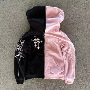 <span class=keywords><strong>Felpa</strong></span> con Cappuccio Personalizzata con Stampa Teschio e Croce Gotica per Uomo e Donna, Stile Y2K Streetwear Oversize con Zip - Product Image 3