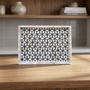 Plateau rectangulaire élégant en bois avec incrustations de nacre et poignées latérales, fait main, pour service à thé, décoration de cuisine, plateau de service domestique, idéal pour offrir - Product Image 1