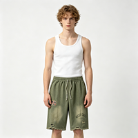 Shorts vintage délavés pour homme, vert olive, imprimé West Coast, coton épais, cordon de serrage, style streetwear usé
