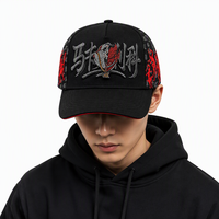 Casquette de baseball unisexe noire style gothique streetwear avec broderie 3D personnalisée, strass et caractères chinois, cinq panneaux, type trucker, fermeture snapback