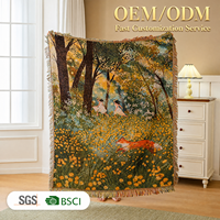 Waldmärchen-Gewebte Decke mit Fransen, Wandteppich mit Laufendem Mädchen, Fuchs und Wildblumen, Wandkunst-Dekoration, Überwurf für Wohnzimmer, Geschenk