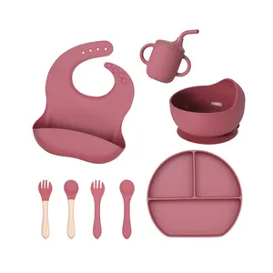 OEM BPAFree SiliconeKids Dining Plate Bowl Spoon Fork Snack Cup Bibs Set Baby Feeding Set with Sippy Cup