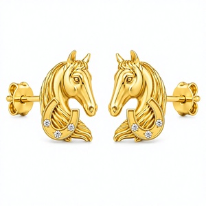 Gold Plated Horse Head Fine Stud 925 Sterling Silver Earrings Diamond CZ Animal Jewelry <b>Gift</b> for Women - Product Image 1