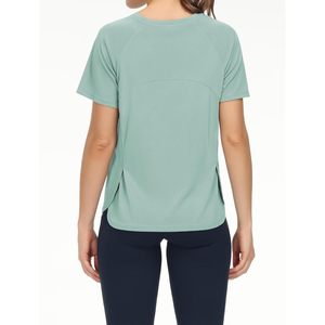 FOXA T-shirt de yoga à manches courtes pour femme, col rond, asymétrique, respirant, haut de sport - Product Image 4