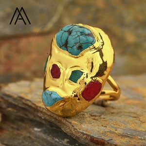 Anello con cornice in pietra naturale blu turchese Amazonite rosso giada placcato oro rame ottone Unisex per festa di nozze <span class=keywords><strong>gioielli</strong></span> fatti a mano - Product Image 4