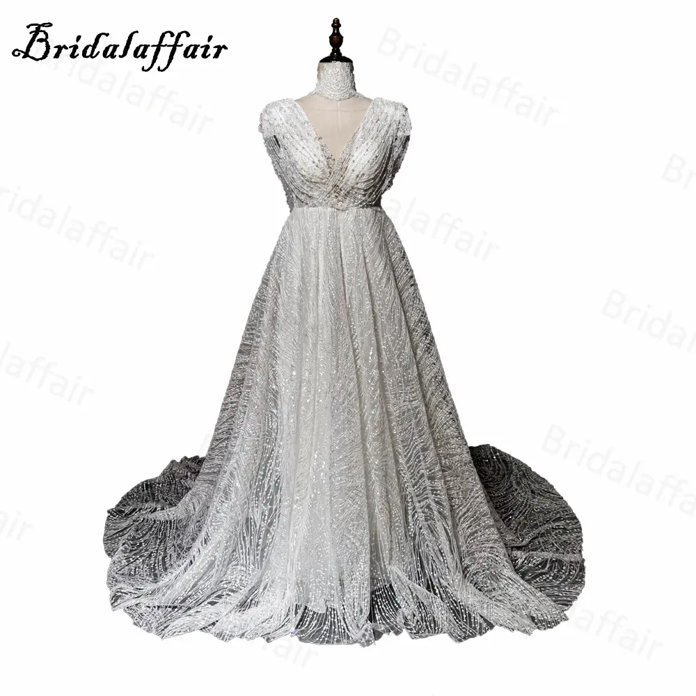 Abito da sposa lucido A Line con perle di perline scollo A v senza maniche abito da sposa lunghezza pavimento per le donne Vestido De Novia