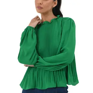 High Neck Relaxed Ladies Casual Formal Tops And Blouses Lightweight Fitted Pleated Long Sleeve Blouse