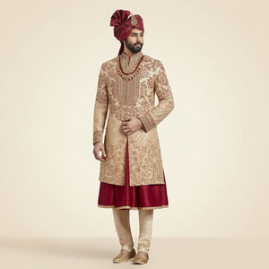 NEW GOLDEN ZARI EMBROIDERY on BEAUTIFUL GROOM SHERWANI, <b>PANT</b> & TURBAN WITH Men's Suits & Blazer>Men's Suits - Product Image 4