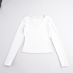 Camiseta Corta de Manga Larga con Cuello en V y Botones para Mujer, 100% Algodón, Color Sólido, Corte Ajustado, Tejido de Punto, Informal, Básica, para Usar como Capa Interior - Product Image 2