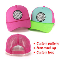 Casquettes de camionneur pour femmes à 5 panneaux, de haute qualité, avec logo personnalisé, en mousse néon, dos en maille, patch brodé tissé et cordon