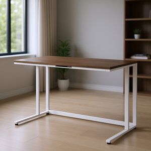 Scrivania per computer con piano in noce, struttura in metallo bianco, porta USB, mobili per ufficio domestico - Product Image 2