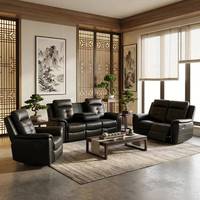 Kunstleder Modernes Umweltfreundliches 3+2+1-Sitzer Set Manuell Verstellbares Relaxsofa mit Ausklappbarem Tisch für Wohnzimmer