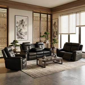 Leather Set 3+2+1 Seater Manual Adjustment Recliner <b>Sofa</b> with Drop-Down <b>Table</b> for Living Room - Product Image 1
