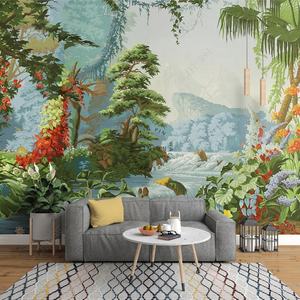 Papel pintado mural de pintura al óleo de selva tropical pintado a mano estilo corte europeo vintage - Product Image 1