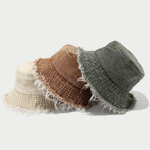 Fashion Trendy Raw Edge Fringe Brim Outdoor Street Sun <b>Hat</b> Blank Faded Cotton Bucket <b>Hat</b> - Product Image 2