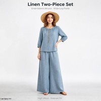Ensemble deux pièces d'été en coton et lin pour femme, chemisier brodé floral et pantalon palazzo taille haute à jambes larges, tenue décontractée