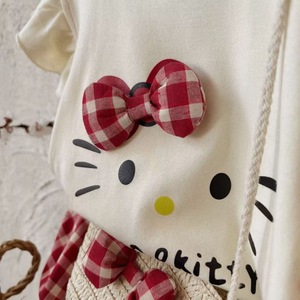 Cute Cartoon Kitty Cat Outfit For Girls Summer Style Cotton Top Plaid Skirt Set - Product Image 2
