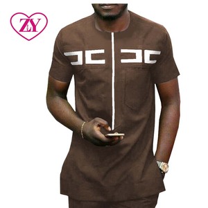 Ensemble Dashiki africain traditionnel deux pièces pour hommes vêtements d'été en coton décontracté avec tenue à manches courtes brodée - Product Image 4