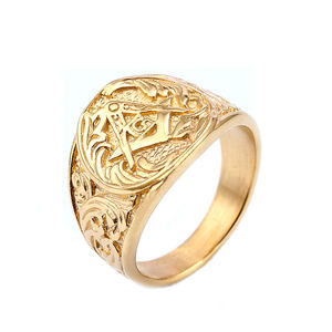 Anillo de acero inoxidable para hombre, sortija de titanio chapado en oro, Estilo Vintage, AG, masónico - Product Image 1