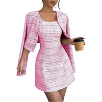 SOLY HUX Nouvel ensemble deux pièces en tweed pour femme, blazer à manches longues et mini-robe sans manches avec détails boutonnés