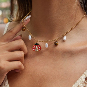 Ladybug Stainless Steel Necklace <b>Bracelet</b> <b>Set</b> For Women Gift Jewelry Insect Design Bezel Setting Fashion Accessory - Product Image 3