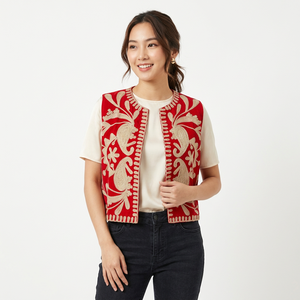 Gilet court sans manches en coton doux tissé respirant, matelassé, imprimé motif floral Suzani, broderie vintage, automne/hiver, réversible - Product Image 1