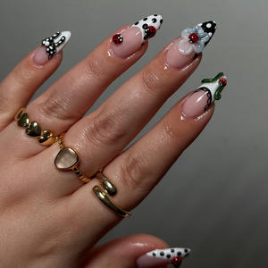 Sweet Cool - 24 <span class=keywords><strong>Uñas</strong></span> Postizas 3D con Diseño <span class=keywords><strong>de</strong></span> Flores Francesas y <span class=keywords><strong>Puntos</strong></span>, Color Marrón Almendra Mediano, para Mujeres y Niñas - Product Image 3