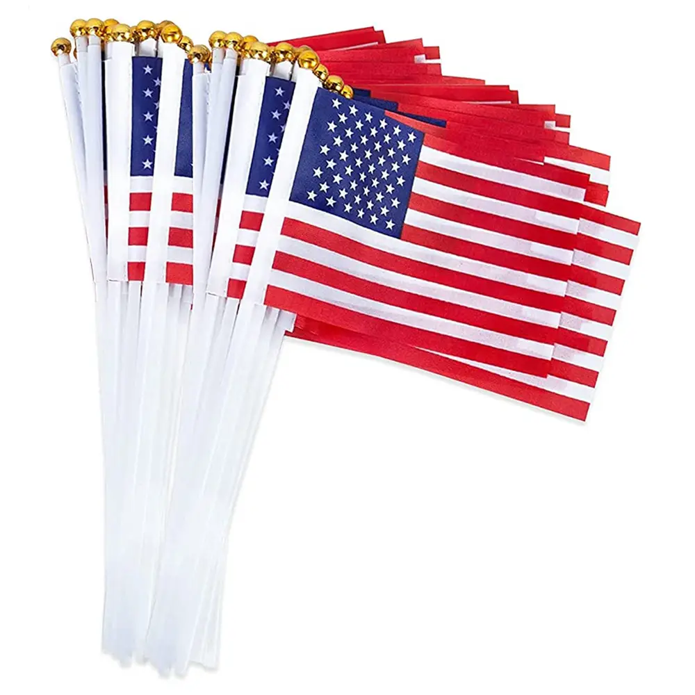 50 pacotes pequenas bandeiras americanas na vara estados unidos mão bandeira 14cm poliéster mão bandeiras com varas