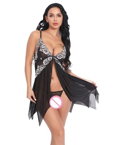 Ensemble de lingerie thermique d'été sexy pour femmes Chemise de nuit <span class=keywords><strong>et</strong></span> string avec fermeture sur le devant en tissu tricoté pour temps chaud - Product Image 4