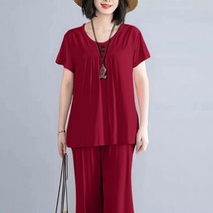 Summer Short Sleeve Capri Pants Loose Plus Size Women's Home Wear Set Two Piece Casual <b>Suit</b> Solid Color <b>Pajama</b> Set - Product Image 3