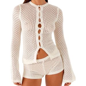 Custom 2026 Crochet Two Piece Set Women <b>Long</b> <b>Sleeve</b> <b>Shirt</b> Shorts Summer Beach Coverup Elastic Waist Straight Silhouette - Product Image 1
