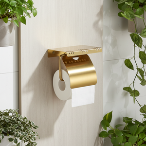 Porte-papier toilette mural moderne en acier inoxydable SUS304 noir mat, or luxe léger avec étagère supérieure, accessoire de salle de bain - Product Image 2