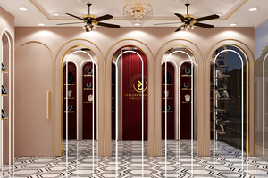 Tùy chỉnh Hiện Đại Đồ trang sức tường tủ trưng bày thiết kế sang trọng bằng gỗ LED vòng cổ hiển thị giá kính trang sức truy cập Showcase - Product Image 3