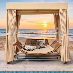 <span class=keywords><strong>Lit</strong></span> de repos <span class=keywords><strong>suspendu</strong></span> double en rotin et aluminium, résistant aux intempéries, avec rideaux d'ombrage pour jardin en bord de mer - Product Image 3
