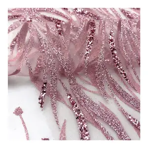 Gorgeous Nylon Tulle Lace Fabric with pink Glitter and Beads Sequins Embroidered for evening dress