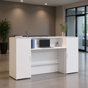 White Engineered Wood Reception <b>Desk</b> <b>Large</b> Oblong Minimalist <b>Office</b> Furniture Commercial Use - Product Image 2