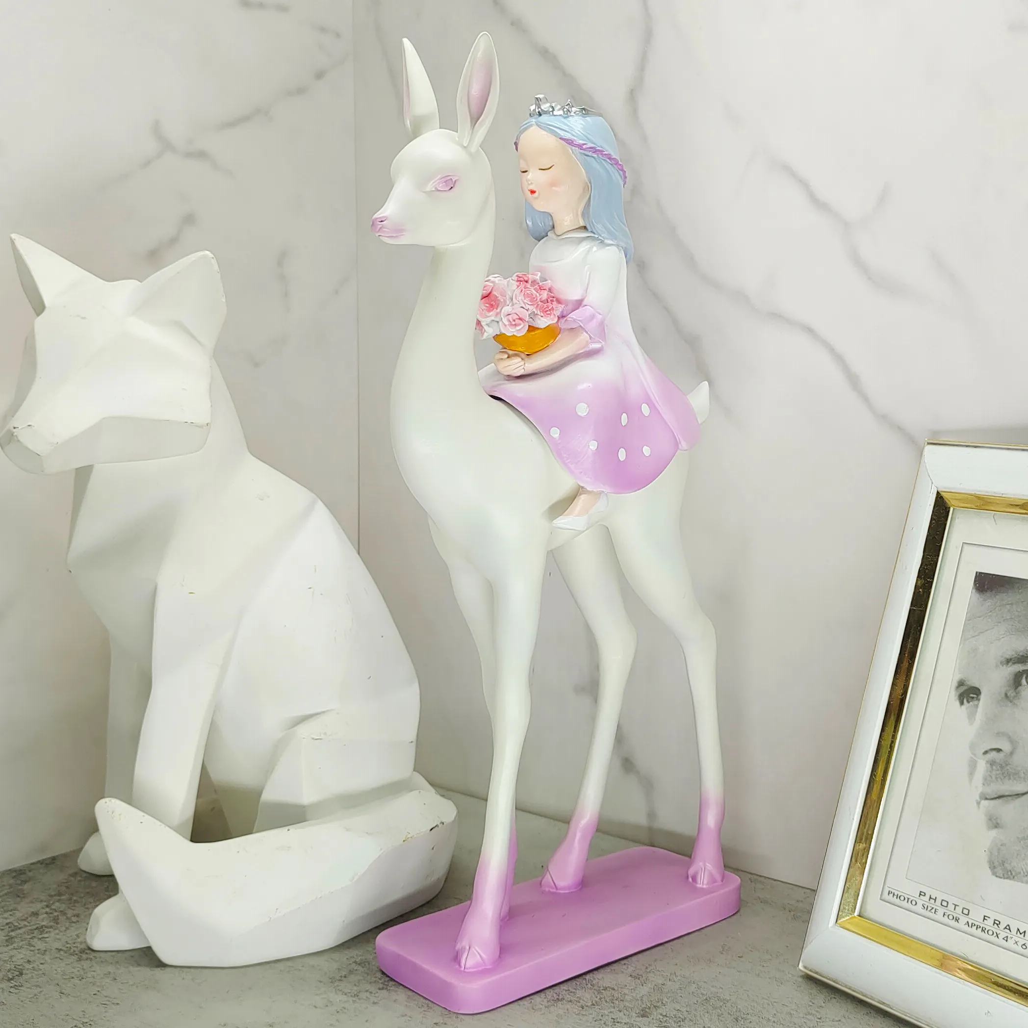 Nordic resin girls figurine riding white deer living room ornament girl statues for home decoration