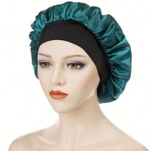 Bonnet en satin noir de 30 cm avec bordure en soie, bonnets de chimiothérapie avec large bande élastique, bonnets de nuit pour femmes - Product Image 4