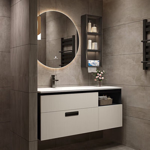 Combinación de mueble de baño sencillo y ligero, mueble de pared de madera maciza, lavabo colgante - Product Image 4