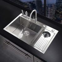 Nouveau 2026 Évier de cuisine multifonctionnel en acier inoxydable avec passoire de vidange, rinçage de tasses automatique par pression et bac de rangement