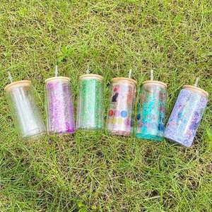 Gobelets en verre à double paroi de 12 oz en forme de canette de soda, vierges pour sublimation, effet boule à neige et paillettes, avec couvercle en bambou, pour vinyle, entrepôt USA - Product Image 2