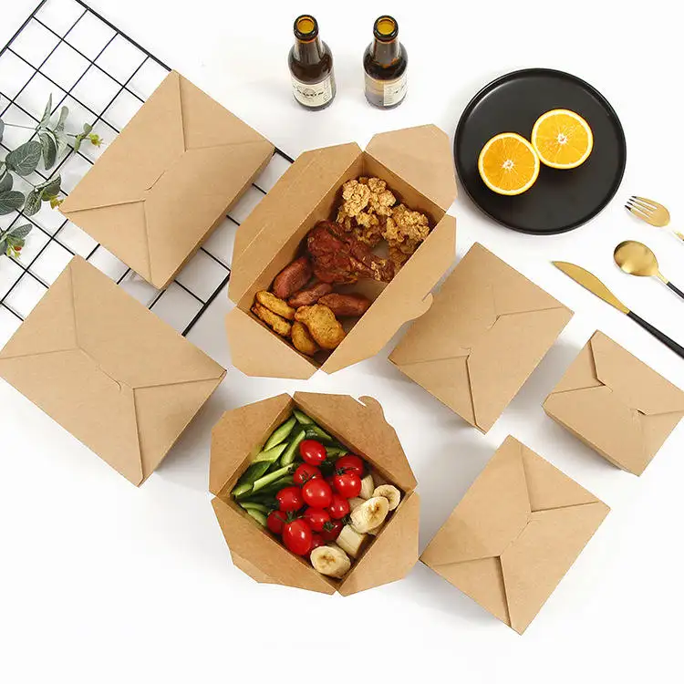 Wadah kertas makan siang ayam panggang goreng sekali pakai kertas Kraft ramah lingkungan wadah makanan goreng kotak grosir dengan Logo
