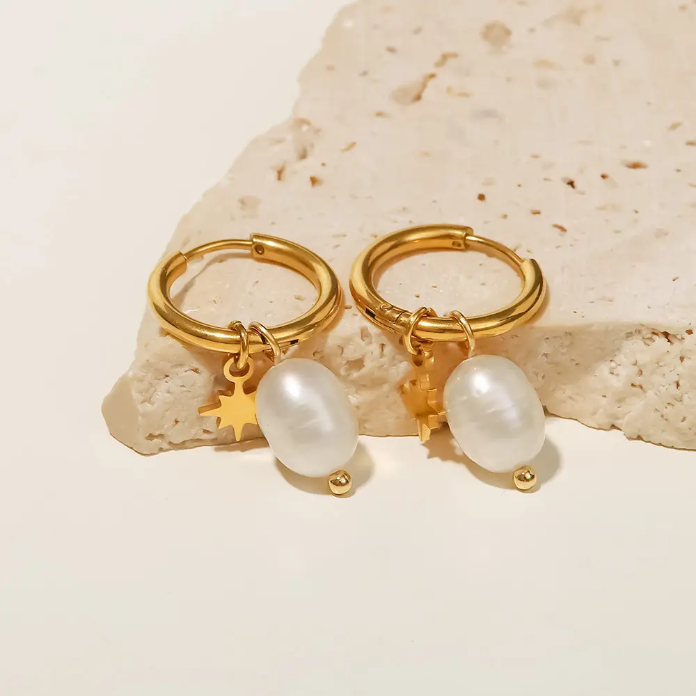 18K Gold Plated Natural Freshwater Pearl Earrings Star Hoop Earring Women Fashion Jewelry Stainless Steel Fine Jewelry