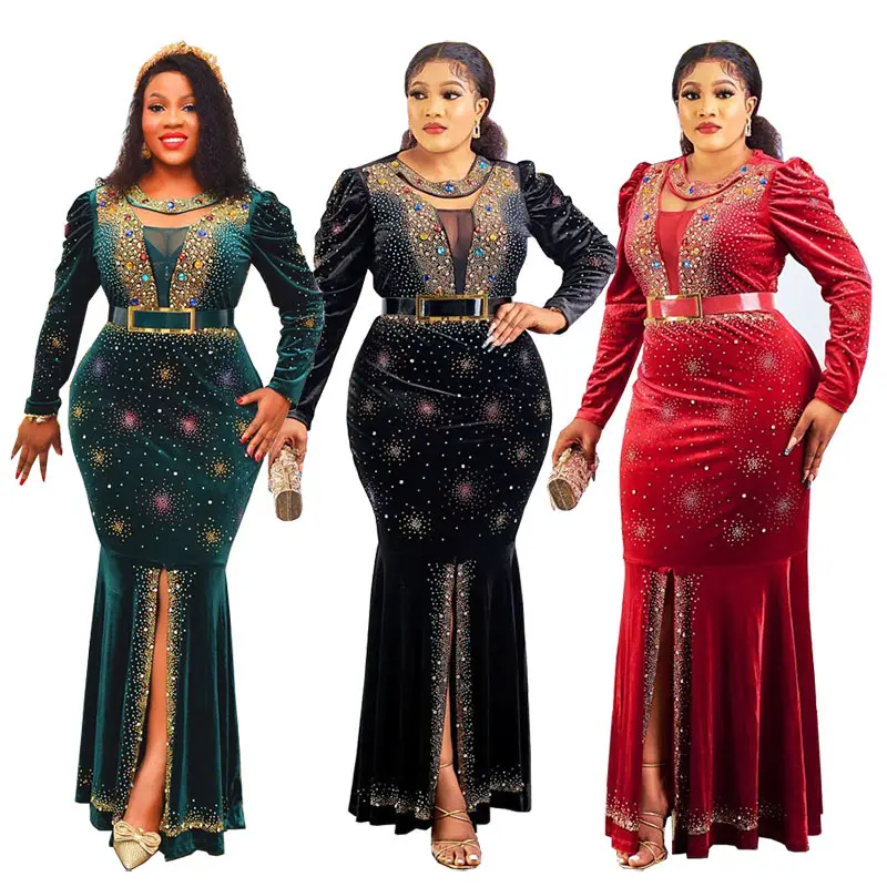 Retro Red Velvet African Dresses For Women 2022 Bodycon Long Dashiki Sexy Robe Africaine Vintage Maxi Party Dress
