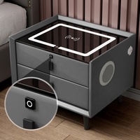 Mesa de Noche Moderna de Lujo con Diseño de Paneles de Madera y Estación de Carga, Mesita de Noche Inteligente para Dormitorio