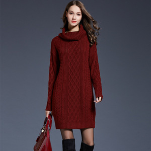 2023 Offre Spéciale automne hiver nouveau européen américain grande taille femmes robe tricotée longue col haut Simple a-ligne - Product Image 3