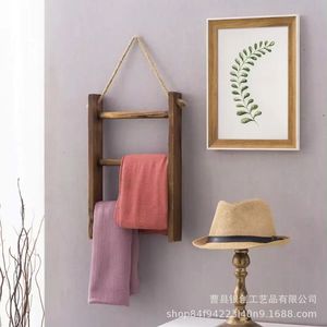 Wooden Wall Mounted Towel Rack 3 Bars With Rope Hanging For Bathroom Storage Organizer Shelf Decorative <b>Ladder</b> Style - Product Image 1