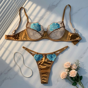 Wholesale Satin <b>Rose</b> Embroidery Sexy Lingerie Set Breathable <b>Light</b> Sheer Mesh Underwire Bra and Thong Set 2 Piece Lace Intimates - Product Image 1